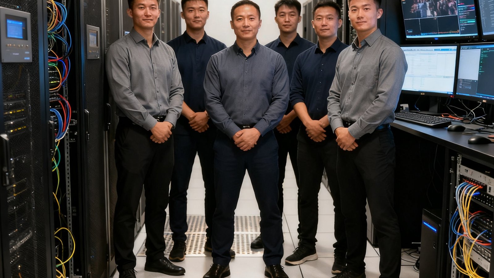 全球格斗赛事资金安全合作项目的技术团队在数据中心机房的合影